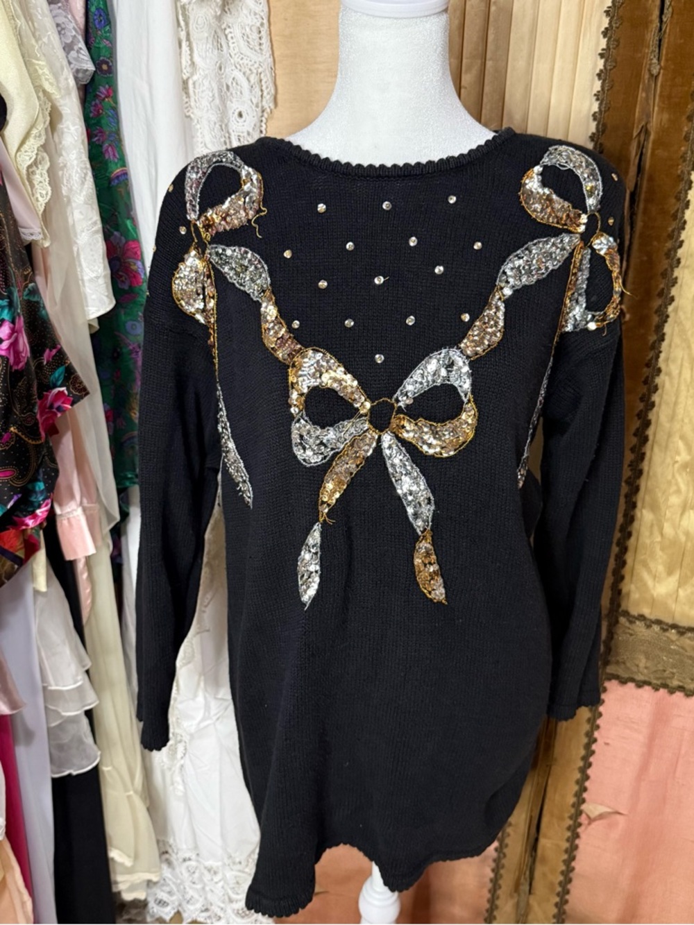 Vintage 90’s Kathie Lee Collection Black Knit Sweater with Sequin Bow Detail